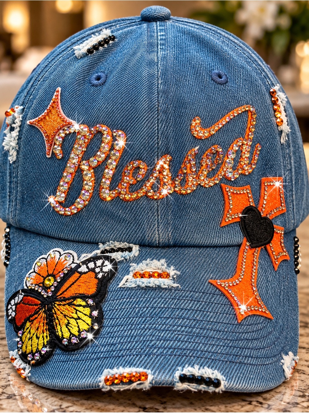 Blessed Distressed Denim Crystal Bling Faith Women’s Cap
